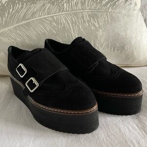 BNWOB-Black Suede Platform Loafers with Buckles